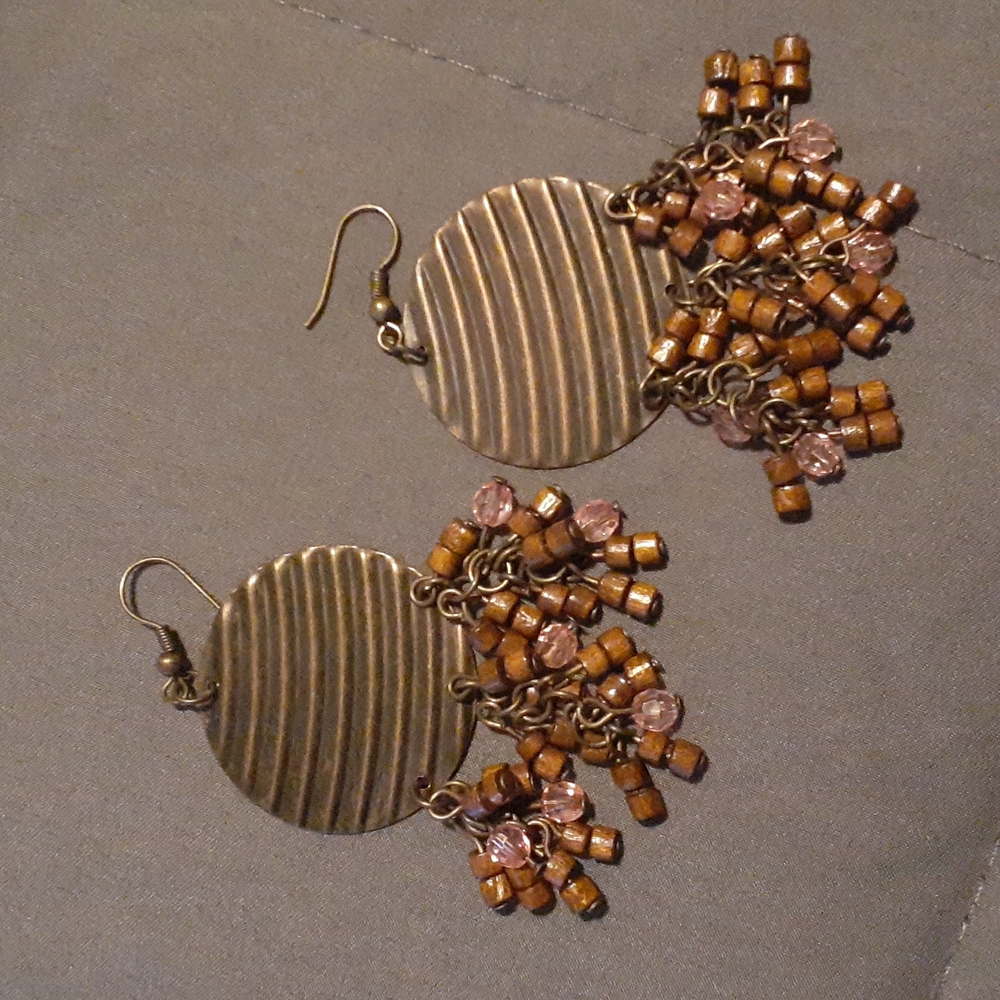 Copper & Brown Earrings. 2" X 1" (pierce ears) (L7 BA)